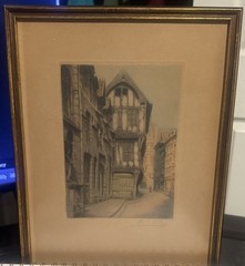 Antique Framed Colored Etching Street View Signed By Victor Valery French Artist