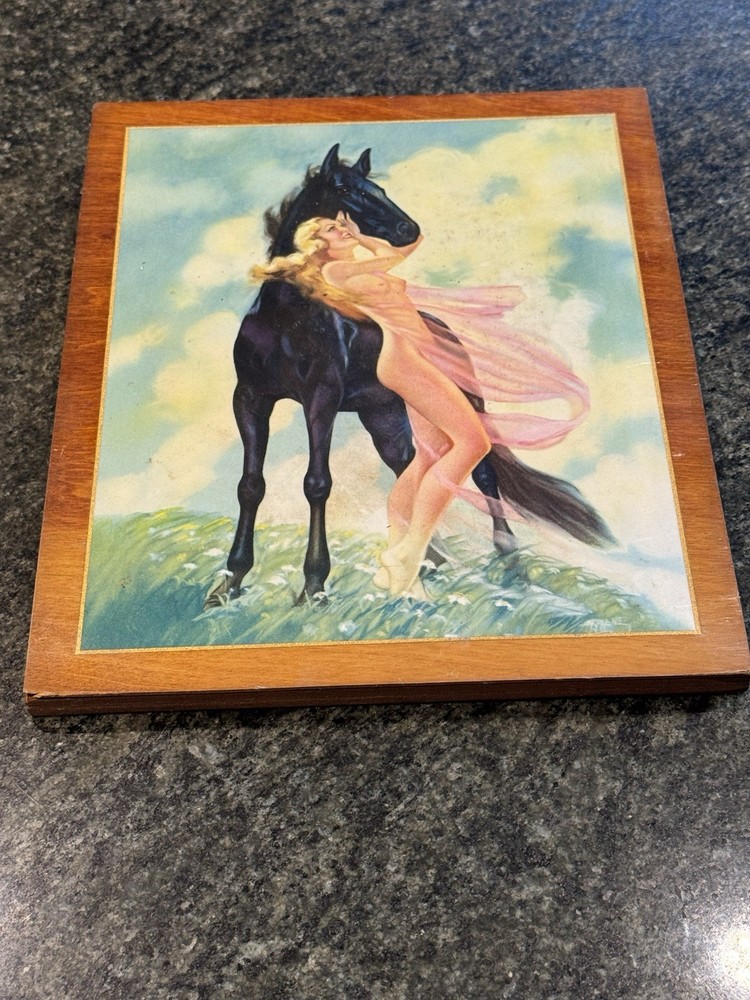Art Deco Nude Girl & Horse 9x 11 “ Vintage On Wood