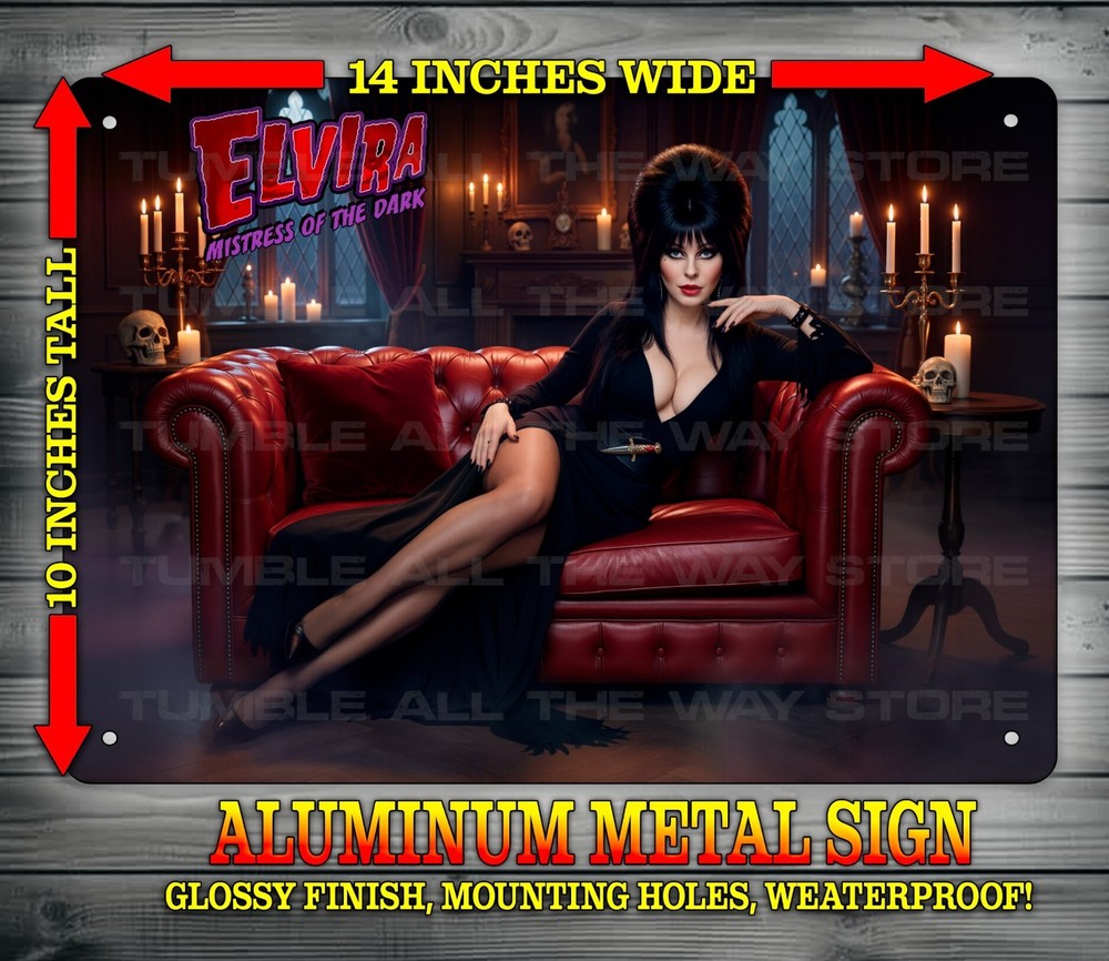 Elvira Mistress of the Dark in Iconic Outfit Metal Sign Wall Art 10″ x 14″