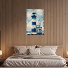 ARTZGX Lighthouse Wall Art Navy Blue Canvas Ocean Seascape Picture Print Vint…
