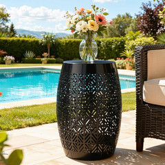 18″ Cutout Metal Outdoor Side Table with 3-Mode LED Lights, Modern Decorative Dr