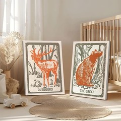 Framed Funny Woodland Deer Bear Canvas Wall Art Set of 2, Vintage Rustic Fore…
