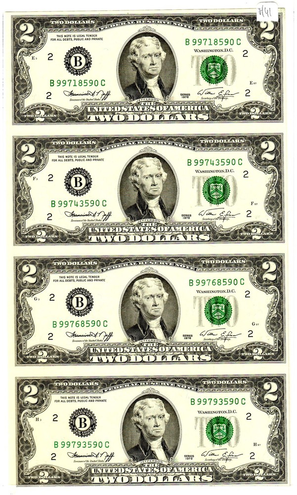 LOT OF 4 USA $2 BANKNOTES AMERICA USA 1976 B NEW YORK UNCUT UNCUT