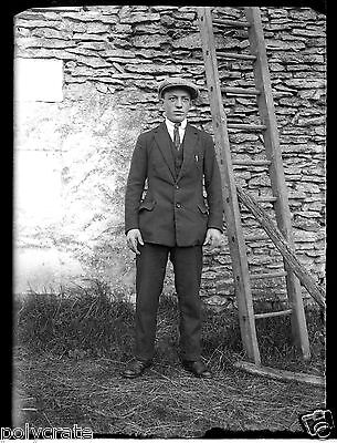 Portrait Young Man With Ladder – Old Negative Glass Photo 6.5x9cm