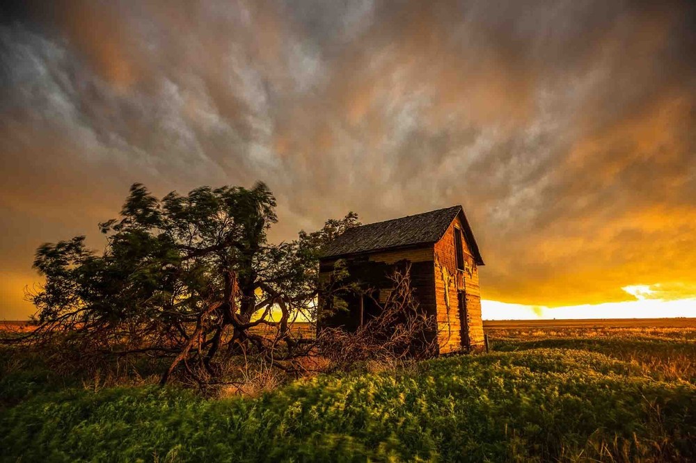 Barn Photography Print: Oklahoma Prairie Farm Country Stormy Sunset Plains Photo