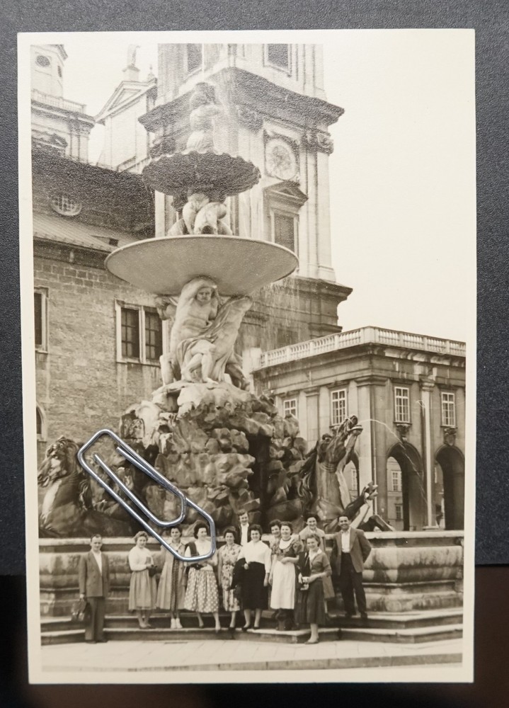 Photo Portrait View Salzburg 1958 Fountain Cathedral Square Statue Tower Clock Model Company