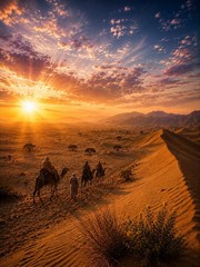 «Desert Caravan at Sunset– Camel Trekkers Crossing Golden Sand Dunes at Twilight