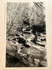 Black and White Photograph Man Woman Hiker Crossing Brook