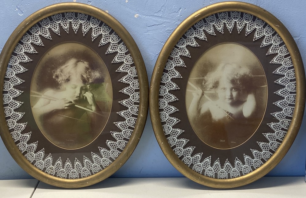 Vintage Large Oval Frame 15×18 Cupid Awake + Cupid Sleeping Photographic Images