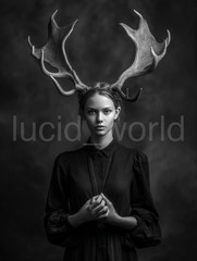 Dark Fantasy Deer Woman 2 Portraits Gothic Wall Art Digital Download B&W AI File