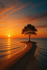 Digital Photo Art Wallpaper, Look like Lone Tree at Sunset by the Sea