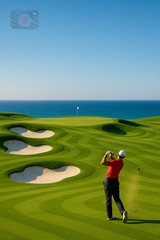 Digital Photo Art, Golfer on a course with Mediterranean Sea background