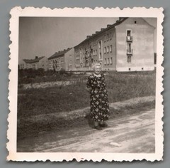 Photo woman before housing estate apartment buildings postwar F1156