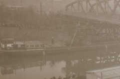 Great old negative – unknown bridge with inland freighter?? place ?