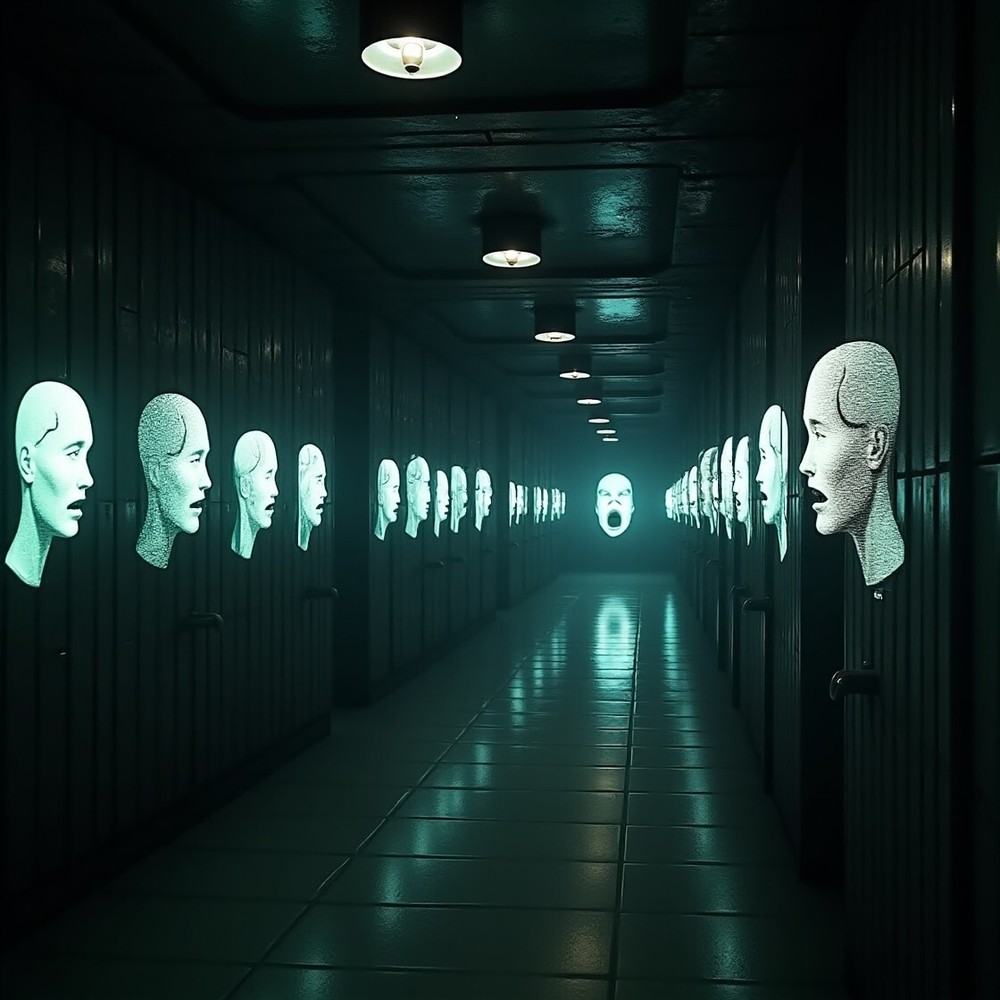 Surreal Horror Corridor Art: Screaming Head, Endless Faces – Digital Print Decor
