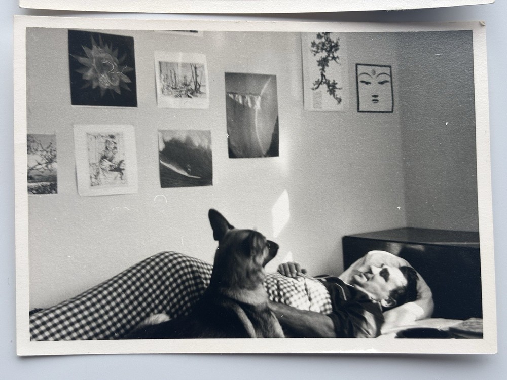 🐕 Set 2x Photo Man in Bed Dog German Shepherd Retro Wall Poster 60-70s 7×10