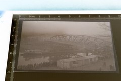 Great old negative – unknown bridge with inland freighter?? place ?