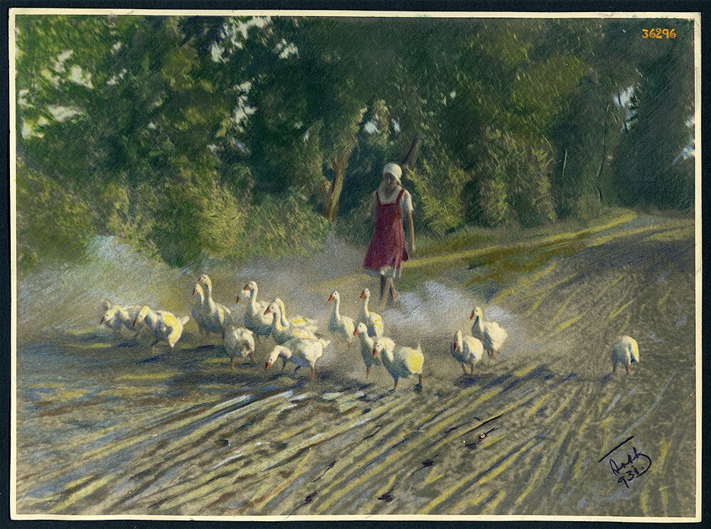 Larger size signed hand colored fine art Photograph, peasant girl walking with g