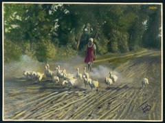 Larger size signed hand colored fine art Photograph, peasant girl walking with g