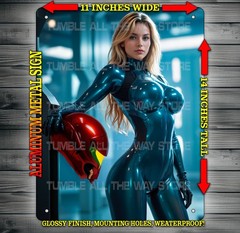 Sexy Samus Aran in Zero Point Suit Metroid Gamer Metal Sign Wall Art 14″ x 11″