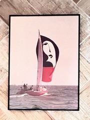 Vintage ART DECO Sailboat Photo Framed Lady Face Sail 18″H x 13″W Photograph
