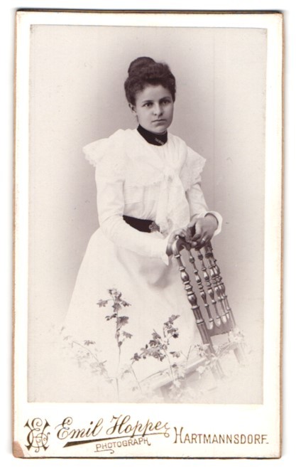 Photograph Emil Hoppe, Hartmannsdorf, Young Woman with Chair CDV / Cabinet Photo