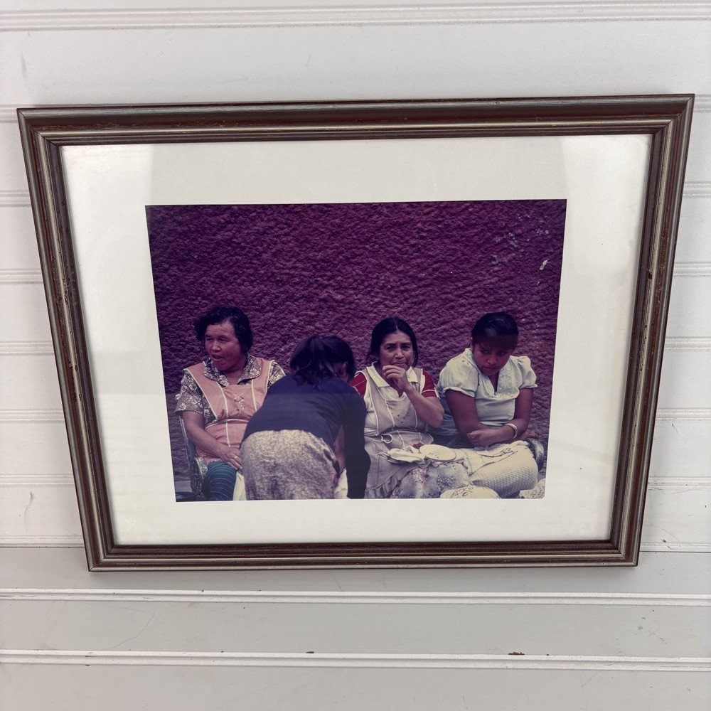 Vintage Framed Color Photo Latin American Women & Child Street Scene