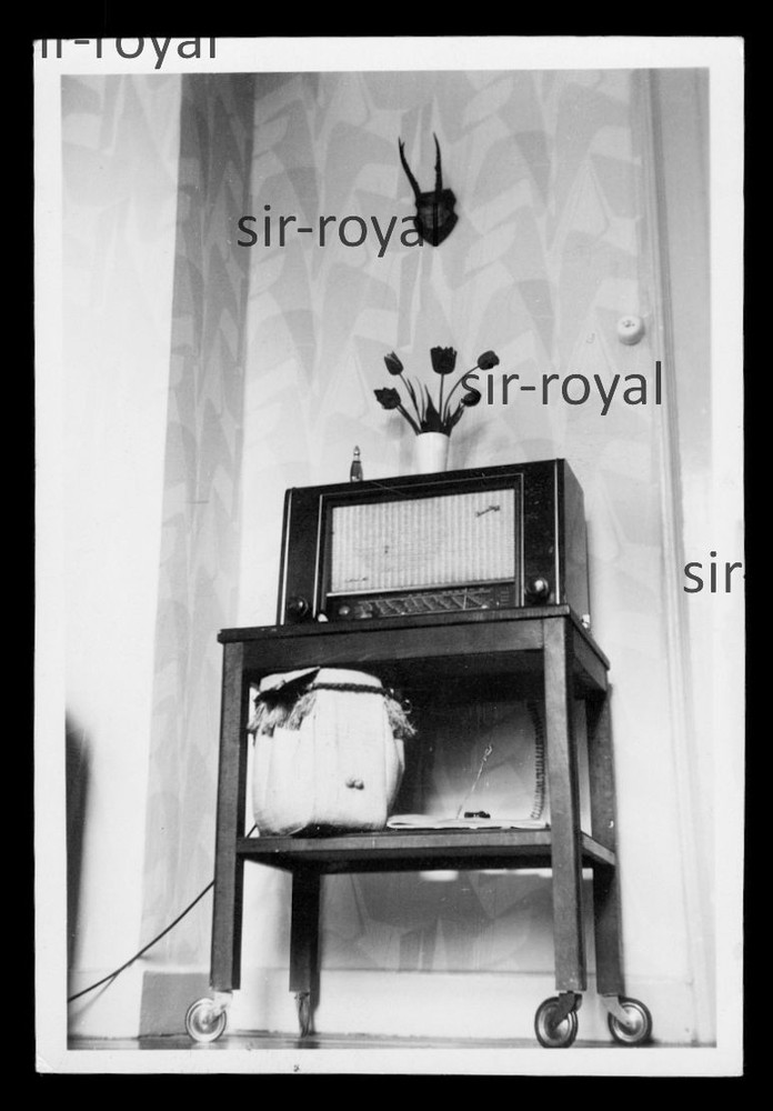 Tube Radio on Rolling Shelf – 1950s 1960s Technology – Photo 6x9cm