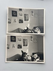 🐕 Set 2x Photo Man in Bed Dog German Shepherd Retro Wall Poster 60-70s 7×10