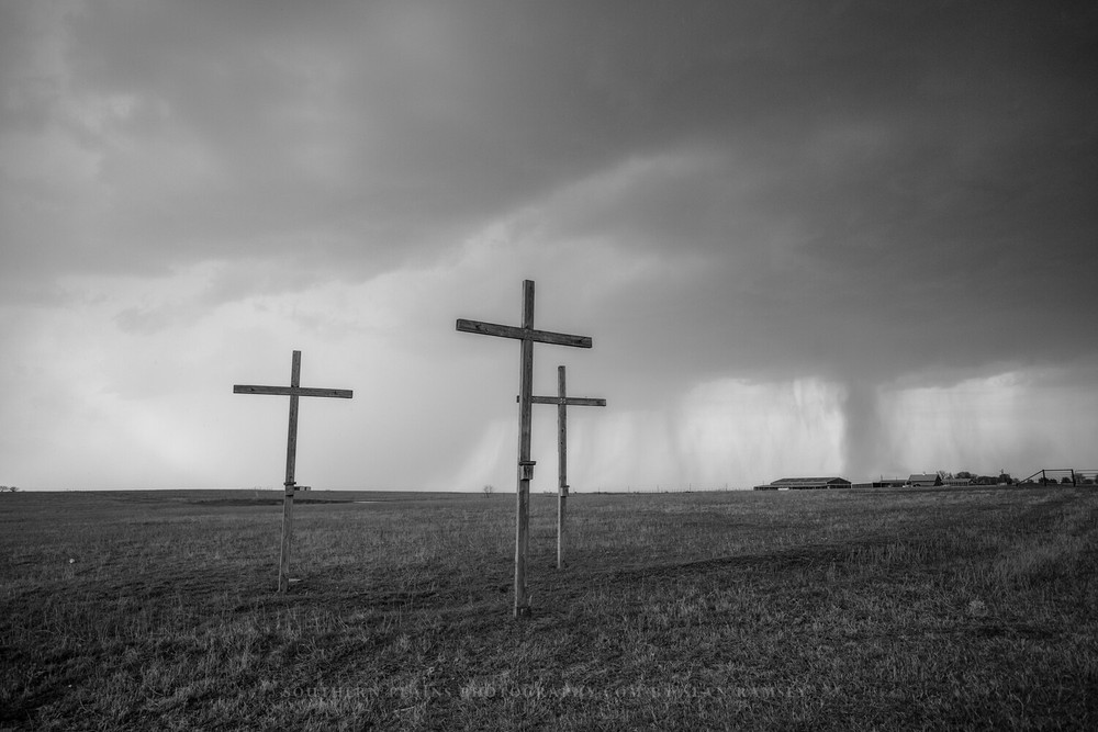 Spiritual Photography Print – Black and White Picture of Three Crosses in Texas