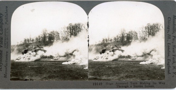 Stereo Photo Huge Armored tank making its way through a smoke screen – 10937906