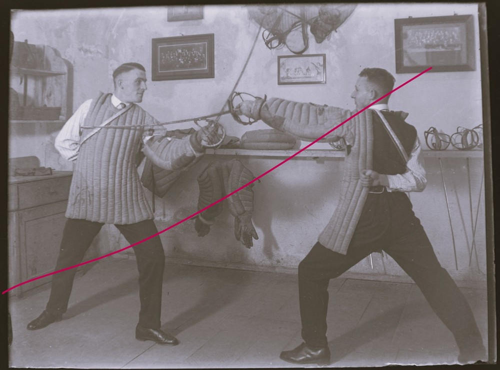 Men Fencing In Basement Pounding Joint Motif Historical Glass Negative