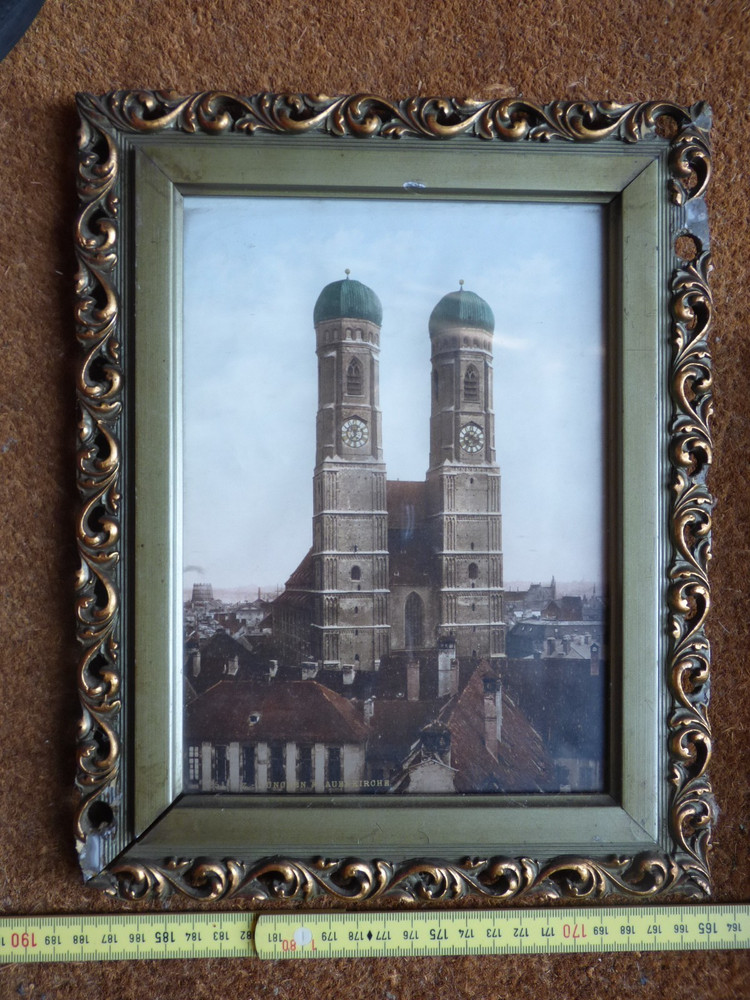 Frauenkirche Munich, photochromic around 1898, in curious picture frame