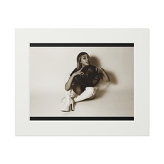 20 x 16 BW Photo Print Model Knee High Boots Black Leotard Sitting Playfully