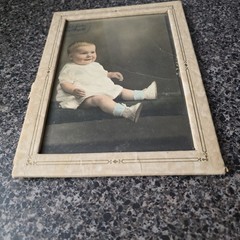 Antique 1920s Hand Colored Baby Portrait Photograph Art Deco Frame 6×8