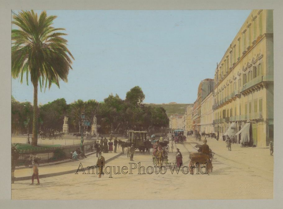 Naples Italy promenade carriages antique hand tinted albumen photo
