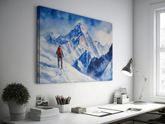 Mount Everest Climber Watercolor Painting, Snowy Summit Adventure Wall Art Print