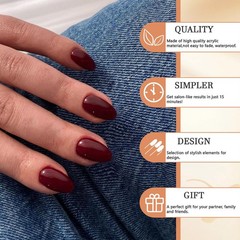 30Pcs Wine Red Press On Nails Short Oval, Thick Acrylic Press Ons, Short Almond N…