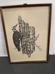 Pleated Woodpecker Forest Nature Block Art Signed Picture 13×17 Preowned
