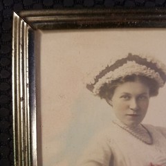 Selective Color Framed Vintage Photo Sotting Lady Holding Roses 5 x 7.5″ in.