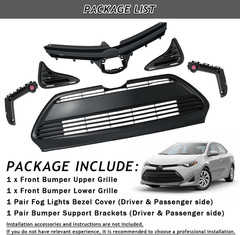 Front Bumper Upper & Lower Grille + Support Retainer Brackets + Foglights Cover