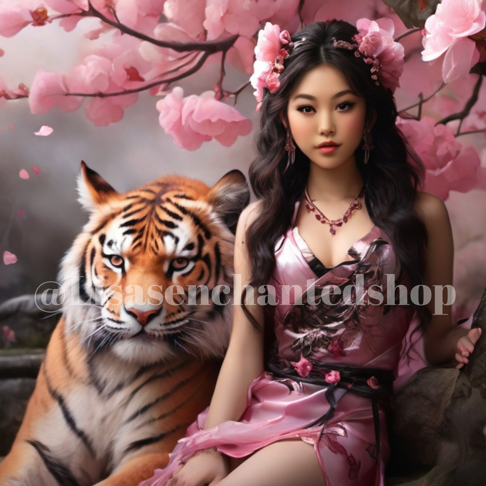 Digital Image Desktop Wallpaper AI Art – Princess and Tiger Under Cherry Blossom