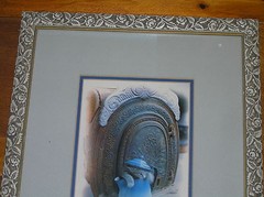 Gray Kitten Photograph w Antique Blue Enamel Coffee Pot Framed in Rose & Leaf