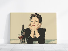 Vintage Woman Pop Art, Red Lipstick Cartoon Girl Poster, Bottle of Wine Lover