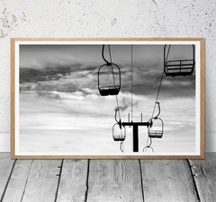 Silhouette Ski Lift Skiing Snowboard Black & White Photography Art Print