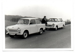 Photo Trabant 601 woman on the side of the road vintage GDR car motor vehicle 1979