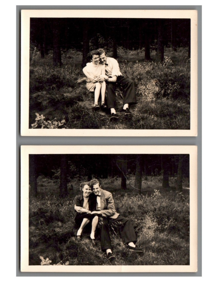 2 Photos Man with Two Women Forest Leisure Trip 1930s Vintage (F1163)