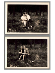 2 Photos Man with Two Women Forest Leisure Trip 1930s Vintage (F1163)