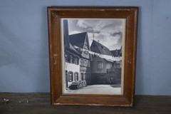 Framed Black & White Photo European Village Street Scene Architecture Wood Frame