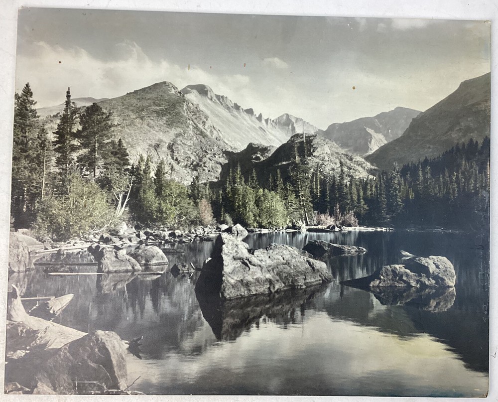 Vintage Scenic Mountain Lake Picture On Wooden Backing